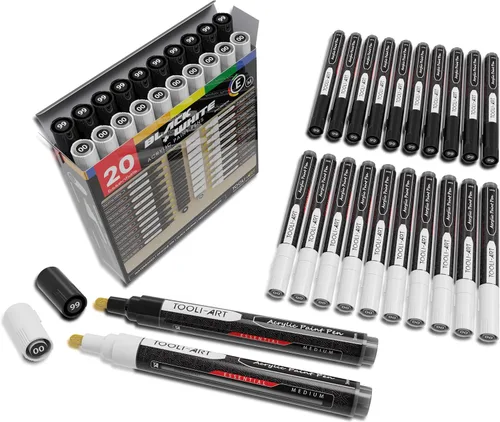 TOOLI-ART Juego de marcadores de pintura acrílica en blanco y negro para pintura de roca, lienzo, tazas, metal, pintura de vidrio, tela, madera,