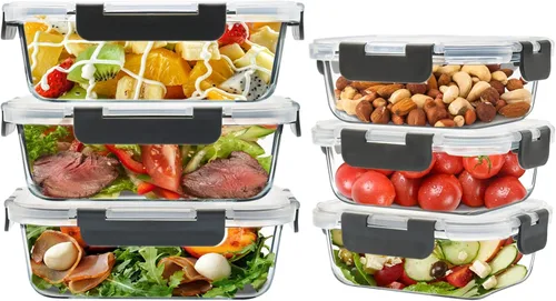 Paquete de 6 recipientes de vidrio para almacenamiento de alimentos con tapas herméticas, recipientes de preparación de comidas para almuerzo,