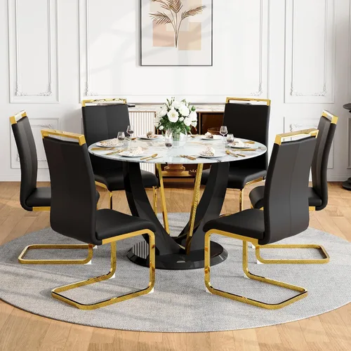 Miniatura 55 de Juego de mesa de comedor redonda para 4, mesa moderna de 48" con tapa de mármol sintético falso y pedestal brillante negro, juego de mesa de cocina