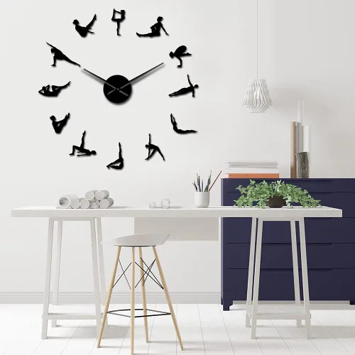 Miniatura 4 de The Geeky Days Pilates Poses - Reloj de pared con adhesivo de espejo de agujas grandes para habitación de niñas, centro de fitness