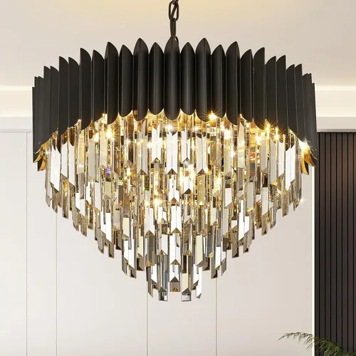 Miniatura 9 de Candelabro de cristal negro de 20 pulgadas, K9, luces colgantes redondas, ajustables, de 4 niveles, gran lámpara de cristal moderna, 6 luces