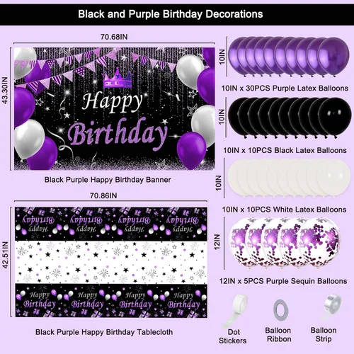 Miniatura 2 de Decoraciones de fiesta moradas y negras para mujeres, decoraciones de cumpleaños moradas para niñas y hombres con mantel de fondo de feliz