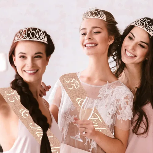 Miniatura 6 de Decoraciones de cumpleaños de 35 años para mujer, que incluye banda, tiara/corona, velas numéricas y adorno para pastel; regalos de cumpleaños de 35