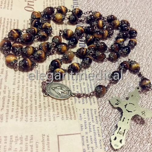 Miniatura 4 de elegantmedical Collar católico hecho a mano con 5 cuentas de ojo de tigre, rosario, bronce, cruz católica, regalo