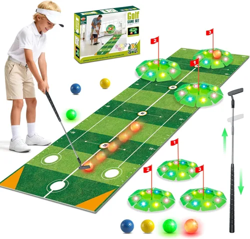 VATOS Kids Golf Toy Set - Light Up Golf Game with 6.5ft Putting Mat, Golf Putter, 3 Holes, 4 Balls (2 Glow Balls), Indoor Outdoor Yard Family Glofer