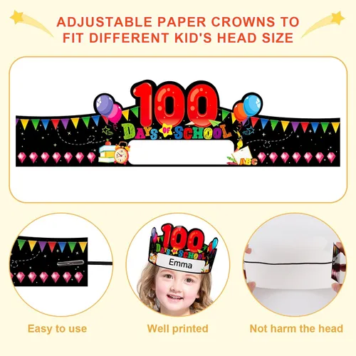 Miniatura 5 de SICOHOME Gorras de papel para niños, coronas de papel para estudiantes, jardín de infantes, suministros de fiesta preescolar, ajustables 2-100 días