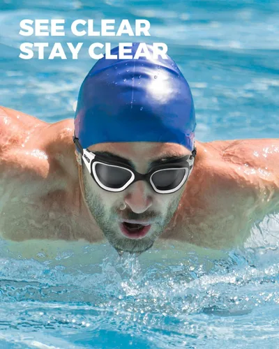 Miniatura 6 de OMID - Gafas de natación polarizadas P2, gafas antivaho para natación para hombres y mujeres adultas Lente ahumada con marco blanco y negro A5