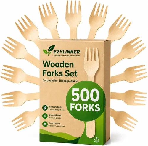 Juego de 500 tenedores de madera desechables, alternativos a los tenedores de plástico y bambú, ecológicos, biodegradables y compostables, juego de