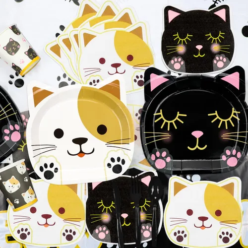 Miniatura 3 de 167 piezas de decoración de fiesta de cumpleaños de gatos, incluyendo platos de gato, servilletas, vasos, mantel, pancarta MEOW y pajitas de papel
