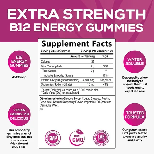 Miniatura 2 de Gomitas energéticas B12 – 4500 mcg de vitamina B12 por porción – Suplemento B12 masticable extra fuerte para energía, metabolismo y apoyo