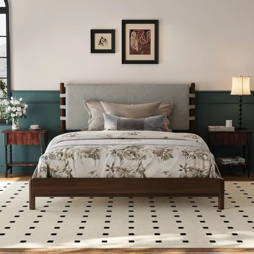 Miniatura 9 de Moderno juego de base de cama Queen con 2 mesitas de noche, cama de plataforma de madera beige con cabecero y mesitas de noche a juego