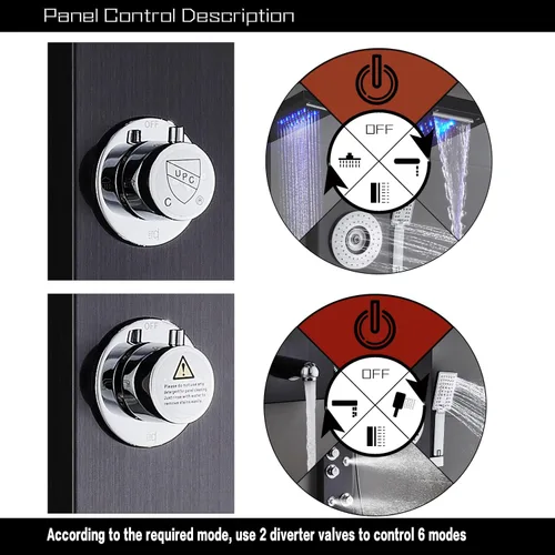 Miniatura 3 de Sistema de panel de ducha de acero inoxidable tipo torre de Ello&Allo, cabezal de LED, modo cascada o lluvia; sistema de hidromasaje con chorros