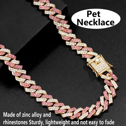 Miniatura 5 de Collar de cadena dorada para perro, collar cubano de diamantes para caminar, collar de cadena de metal con diseño de hebilla segura, collares