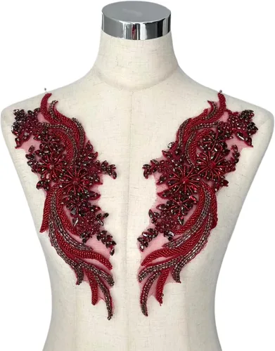 Miniatura 8 de Apliques de Ropa DIY con Cuentas y Pedrería Hechos a Mano, Aplique con Cuentas para Decoración de Vestido de Novia, Aplique de Flores Oro Vino
