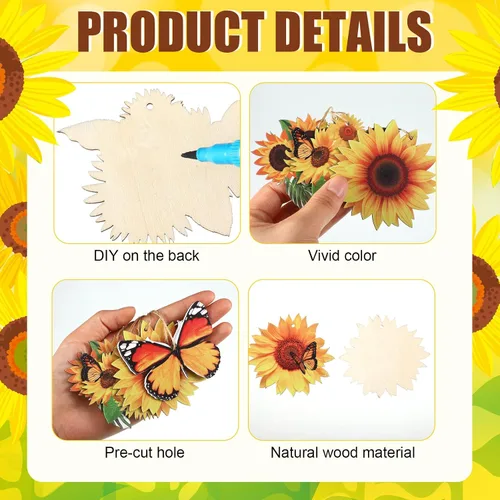 Miniatura 5 de Qunclay 36 piezas de decoración de árbol de girasol, adornos de madera de verano, flores amarillas de primavera, mariposa, adorno colgante de madera