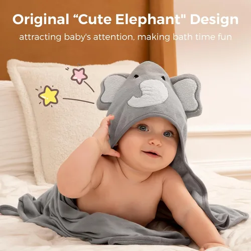 Miniatura 4 de Momcozy Toalla de bebé con capucha de elefante lindo – 8 piezas esenciales de baño, 2 toallas y 6 paños de lavado, regalo perfecto para niños