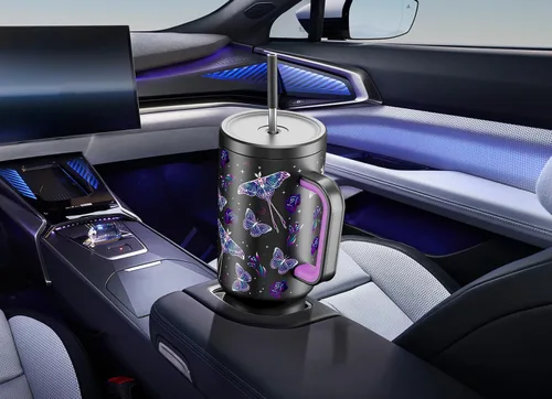 Miniatura 7 de Meoky Vaso de 40 onzas que brilla en la oscuridad con asa y popote, vaso con tapa y pajita, vaso aislado de acero inoxidable para viaje, 100% a