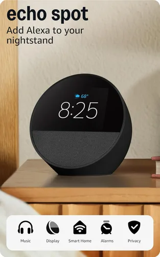 Amazon Echo Spot: ideal para mesitas de noche, oficinas y cocinas, incluye despertador inteligente con Alexa (negro)