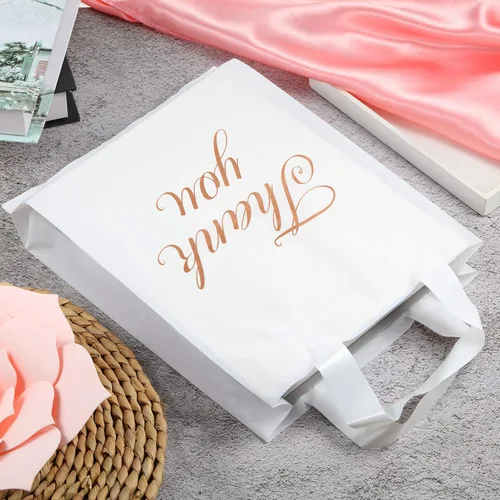 Miniatura 5 de Outus 120 bolsas blancas de regalo de agradecimiento con asas de 9 x 12 pulgadas, bolsa de plástico para pequeñas empresas, madres, profesores