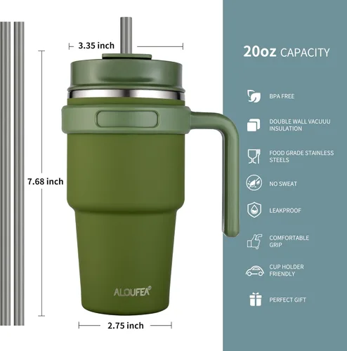 Miniatura 2 de Taza/vaso de café aislado de 20 onzas con asa, vaso de viaje de acero inoxidable con tapa y popote, vaso de doble pared con aislamiento al vacío a