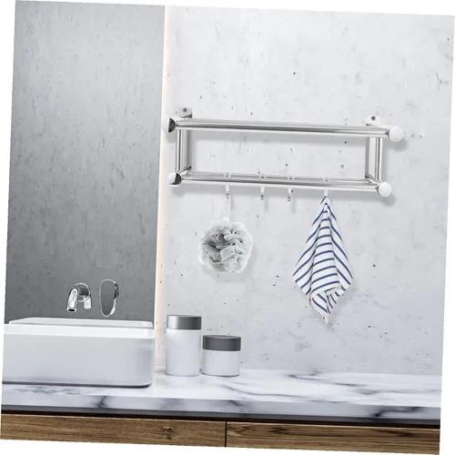 Miniatura 4 de OSALADI Toallero de baño con,Toallero de baño doble con estante, Toallero doble montado en la pared con estante Estante de baño de hotel de acero