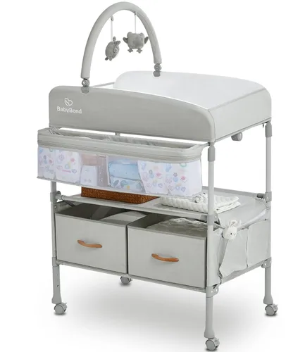 BabyBond Cambiador portátil para bebé con 2 cestas de almacenamiento, cambiador plegable cómoda cambiador de pañales, estación de cambio ajustable