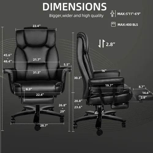 Miniatura 3 de Silla de oficina reclinable con reposapiés, sillas de escritorio de oficina en casa grandes y altas, 400 libras con respaldo alto, asiento ancho