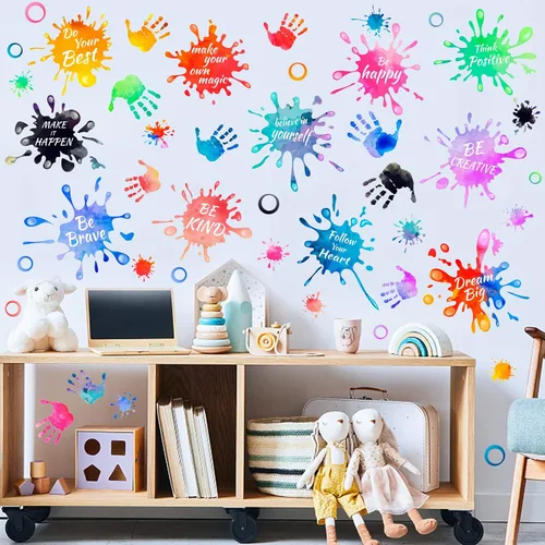 Miniatura 3 de PLIGREAT 3 hojas coloridas de huellas de manos salpicadas de pintura, citas inspiradoras, calcomanías de pared extraíbles de vinilo para despegar