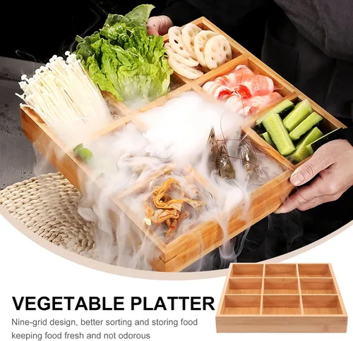 Miniatura 3 de Luxshiny Bandeja de verduras de nueve rejillas de 13 pulgadas, plato dividido de bambú con múltiples compartimentos, organizador de alimentos