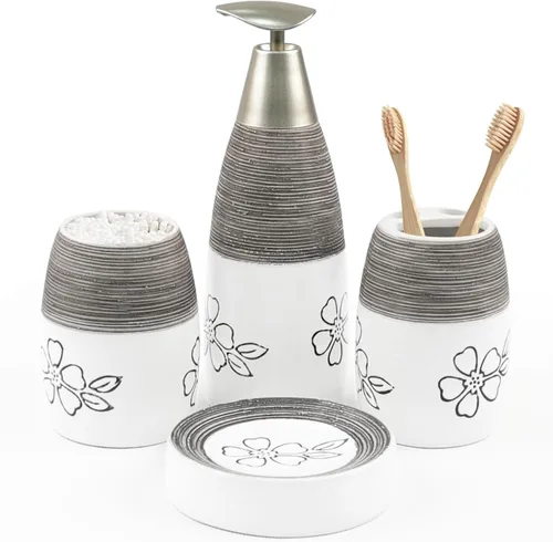 Miniatura 9 de CERBIOR Juego de accesorios de baño, 4 piezas de accesorios de cerámica para decoración de baño, incluye soporte para cepillos de dientes, taza