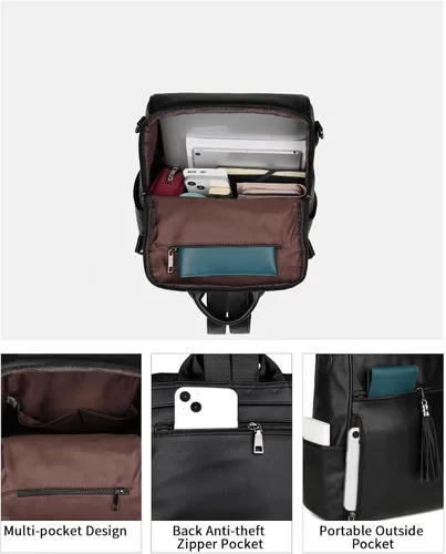 Miniatura 6 de FADEON Mochila de cuero para mujer, bolso de hombro de diseñador para mujer, bolso de libro de moda de PU convertible de viaje, Fadeon Bolso tipo