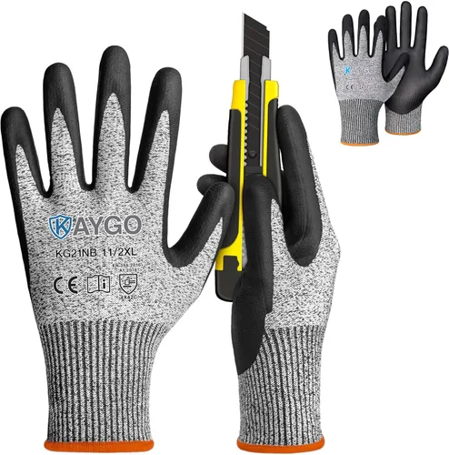 KAYGO 2 pares de guantes de trabajo resistentes a cortes para hombres y mujeres, guantes de corte ANSI A3, guantes de trabajo de seguridad de Gris