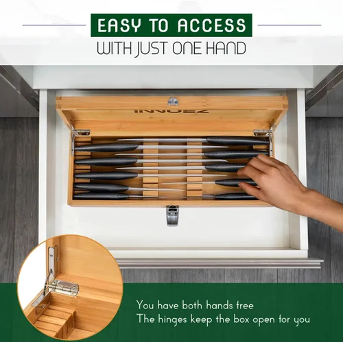 Miniatura 5 de Caja de seguridad de bambú para cuchillos de cocina, organizador de cajones de cuchillos, caja de almacenamiento con cerradura y llave para mantener