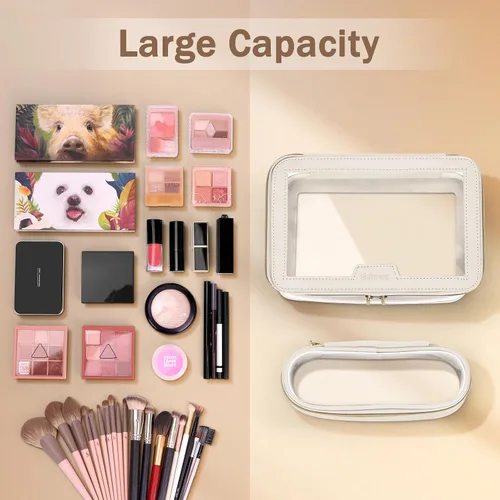 Miniatura 8 de Soimeat Bolsa de maquillaje transparente de viaje con bolsa para brochas de maquillaje, estuche de maquillaje de cuero, bolsa de cosméticos Blanco