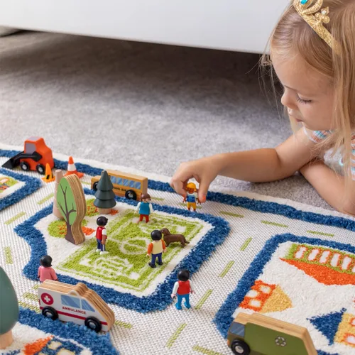 Miniatura 4 de IVI Alfombra de juego gruesa 3D para niños con diseño de ciudad colorida con campo de fútbol, estacionamiento y carreteras, azul, 32 x 45 pulgadas