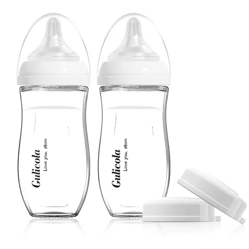 Gulicola Biberón de vidrio natural para bebés amamantados, juego de biberones anticólicos con pezón de flujo medio, 3 meses +, 8 onzas, paquete de 2