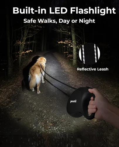 Miniatura 2 de Pecute Correa retráctil para perro con linterna, correa retráctil resistente de 26 pies para mascotas con luz, control de un botón, protección