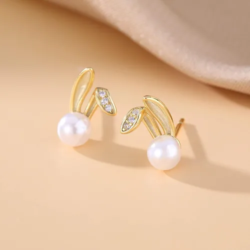 Miniatura 4 de SLUYNZ 925 Sterling Silver Easter Rabbit Bunny Studs Earrings for Women Teen Girls Pearl Rabbit Earrings Studs