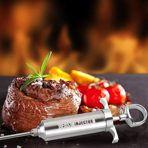 Miniatura 2 de Jeringuilla de acero inoxidable 304 Grill Beast para inyectar jugos en carne con gran capacidad, 2 onzas y agujas para pichito de calidad, L, Acero