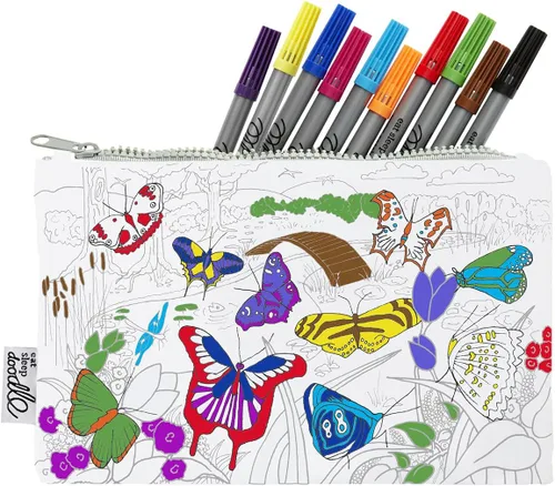Estuche de lápices de mariposa para colorear para niños con 10 marcadores lavables, organizador de suministros de arte reutilizable, actividades