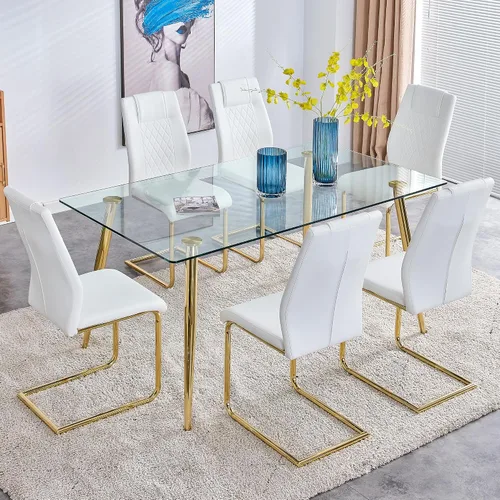 Miniatura 12 de Juego de mesa de comedor en blanco y negro de 51 pulgadas para 4, mesa de cristal minimalista moderna y 4 sillas tapizadas de piel sintética