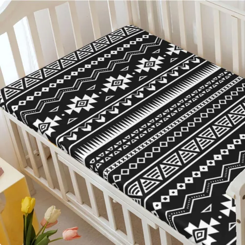 Miniatura 3 de Sábanas bajeras ajustables para cuna pequeña con temática azteca, sábana portátil para cuna para niño o niña, 24 x 38 pulgadas, color blanco y negro