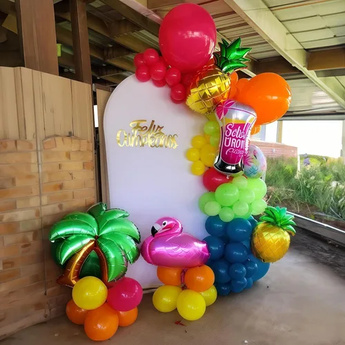 Miniatura 5 de Kit de guirnalda de arco de globos tropicales de verano, 141 globos de látex de color rosado intenso, verde lima, naranja, azul pizarra y amarillo