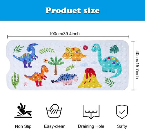 Miniatura 2 de GDV Tapete de baño para bebé para niños, tapete de baño extra grande de 40 x 16 pulgadas, antideslizante, con dibujos animados, con ventosas