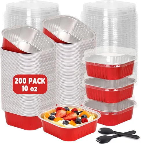 Miniatura 9 de Paquete de 200 mini moldes de aluminio de 10 onzas con tapas y cucharas, moldes cuadrados desechables para hornear, moldes de aluminio aptos