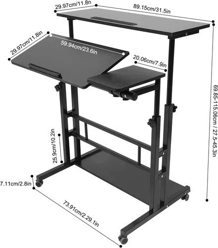 Miniatura 2 de Escritorio móvil de pie ajustable para laptop con ruedas, carrito de almacenamiento para estar de pie o sentado, para estación de trabajo de oficina
