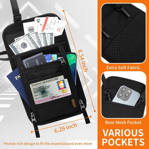 Miniatura 3 de Cartera de cuello para viajes, bolsa de cuello para pasaporte para hombres y mujeres con correa ajustable para el cuello y bloqueo RFID