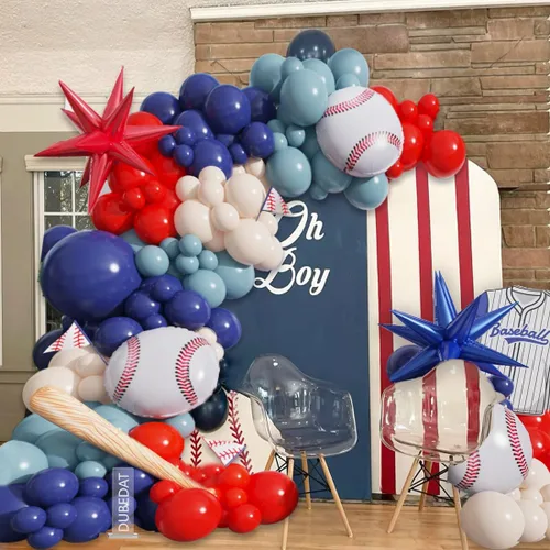Miniatura 5 de Kit de arco de guirnalda de globos de béisbol, 141 unidades, rojo, blanco, azul profundo, azul crepúsculo con globos de estrella de bate de béisbol