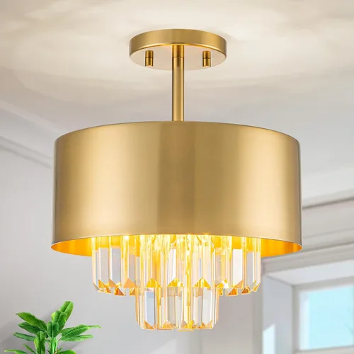 Miniatura 10 de LumFurn Lámpara de techo de cristal K9 de lujo de 3 luces para sala de estar, vestíbulo, dormitorio, lámpara semiempotrada cerca del techo, pantalla