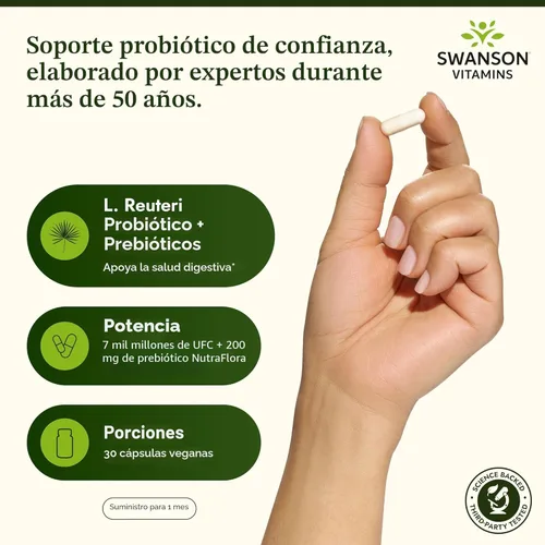 Miniatura 3 de Swanson L. Reuteri Probiótico Plus con L. Rhamnosus, L. Acidophilus y FOS Prebiótico Apoyo Digestivo - Promueve la Salud Intestinal con 7 mil